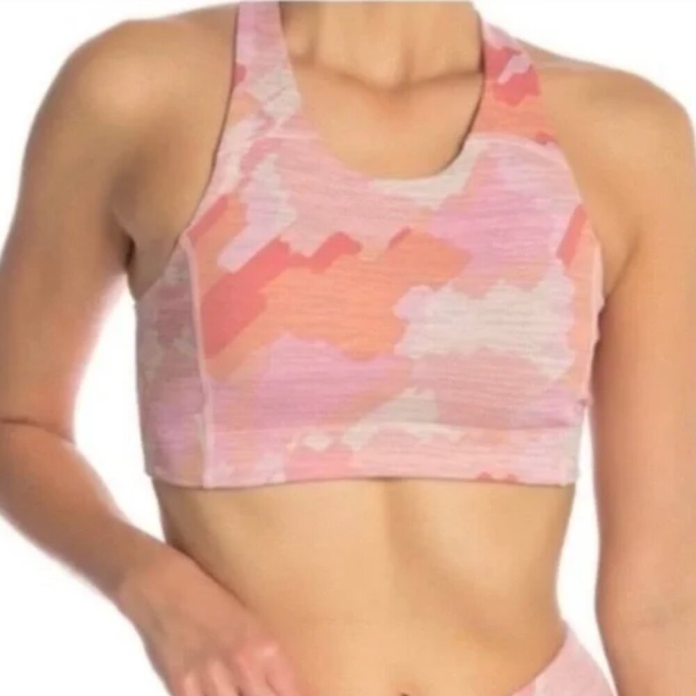 OUTDOOR VOICES Tech Sweat Racerback Sports Bra in Coral Stroke Camo Athleisure